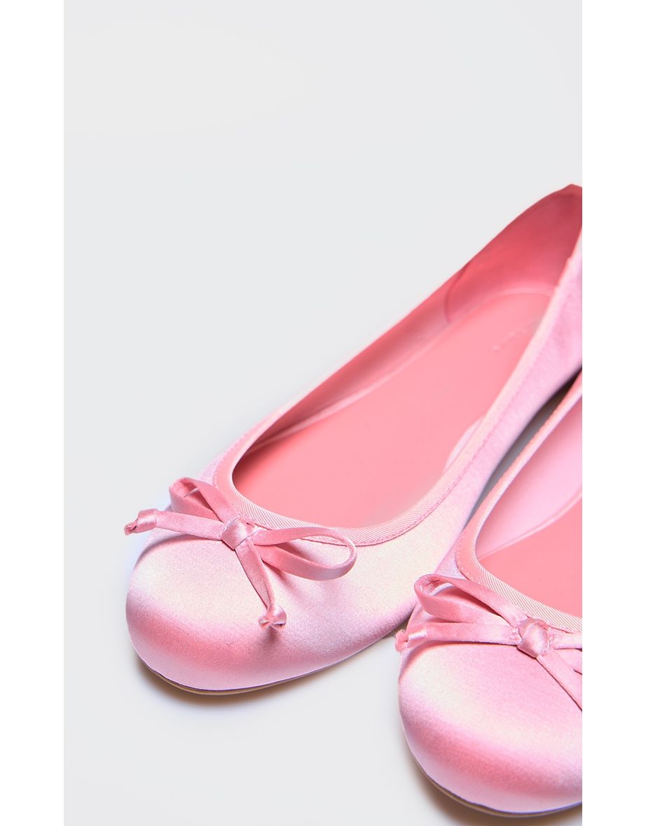 Pink Satin Round Toe Bow Detail Ballet Flats - 3