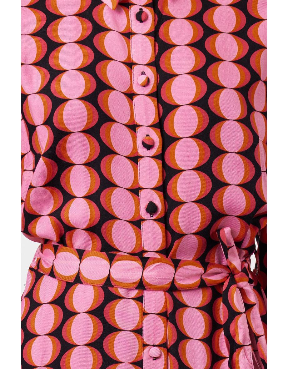 Multicolored Retro Patterned Woven Shirt Dress - 6