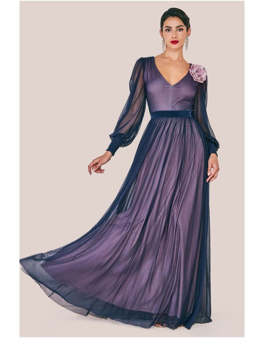 Goddiva Corsage V-Neck Dobby Mesh Maxi - Blue