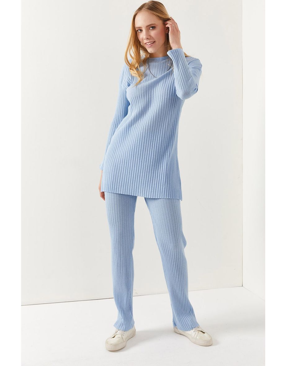 Women's Baby Blue Top Slit Blouse Bottom Palazzo Corduroy Suit