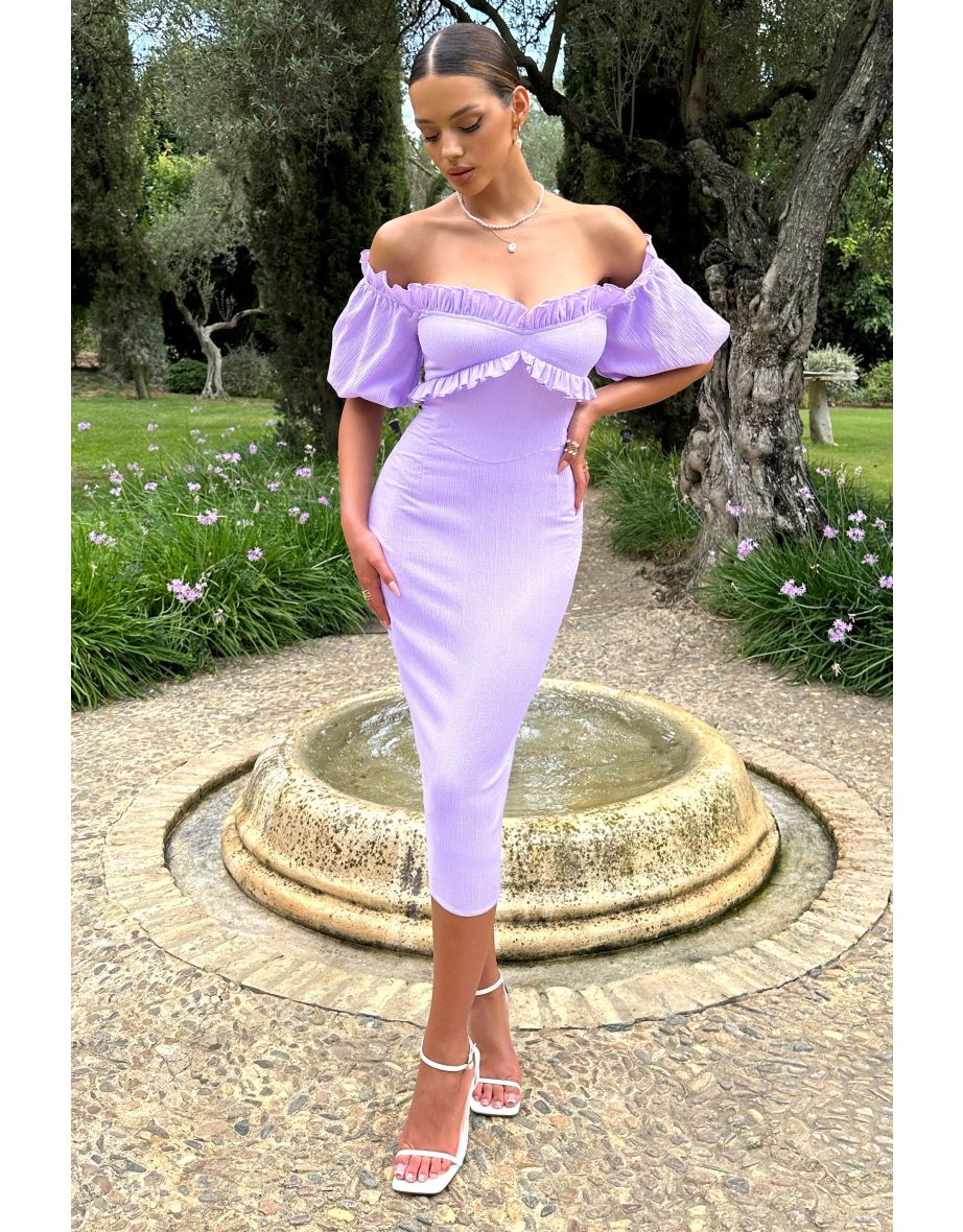 Orelia | Lilac Structured Ruffle Bardot Midi Dress