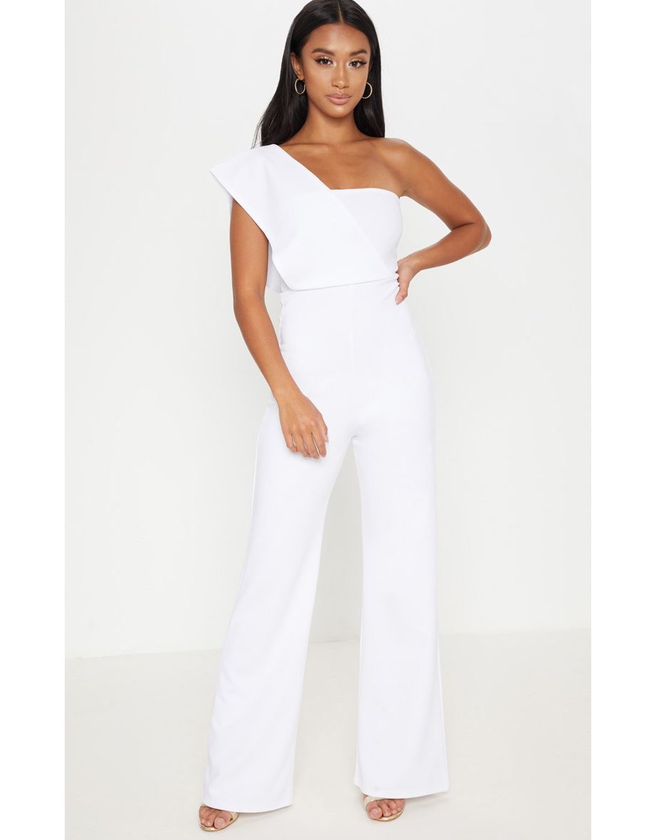 Petite White One Shoulder Drape Jumpsuit