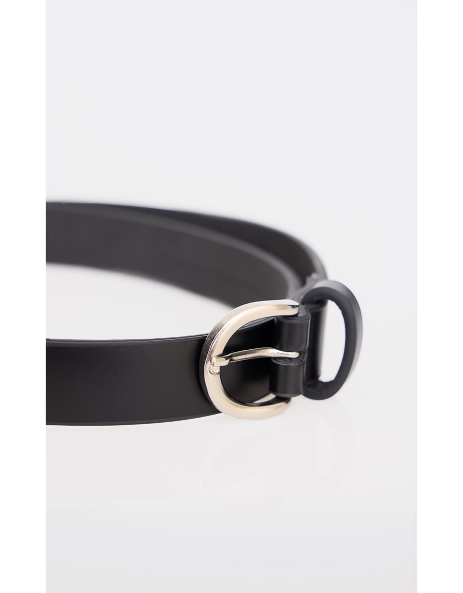 Black PU Crescent Buckle Skinny Belt - 2