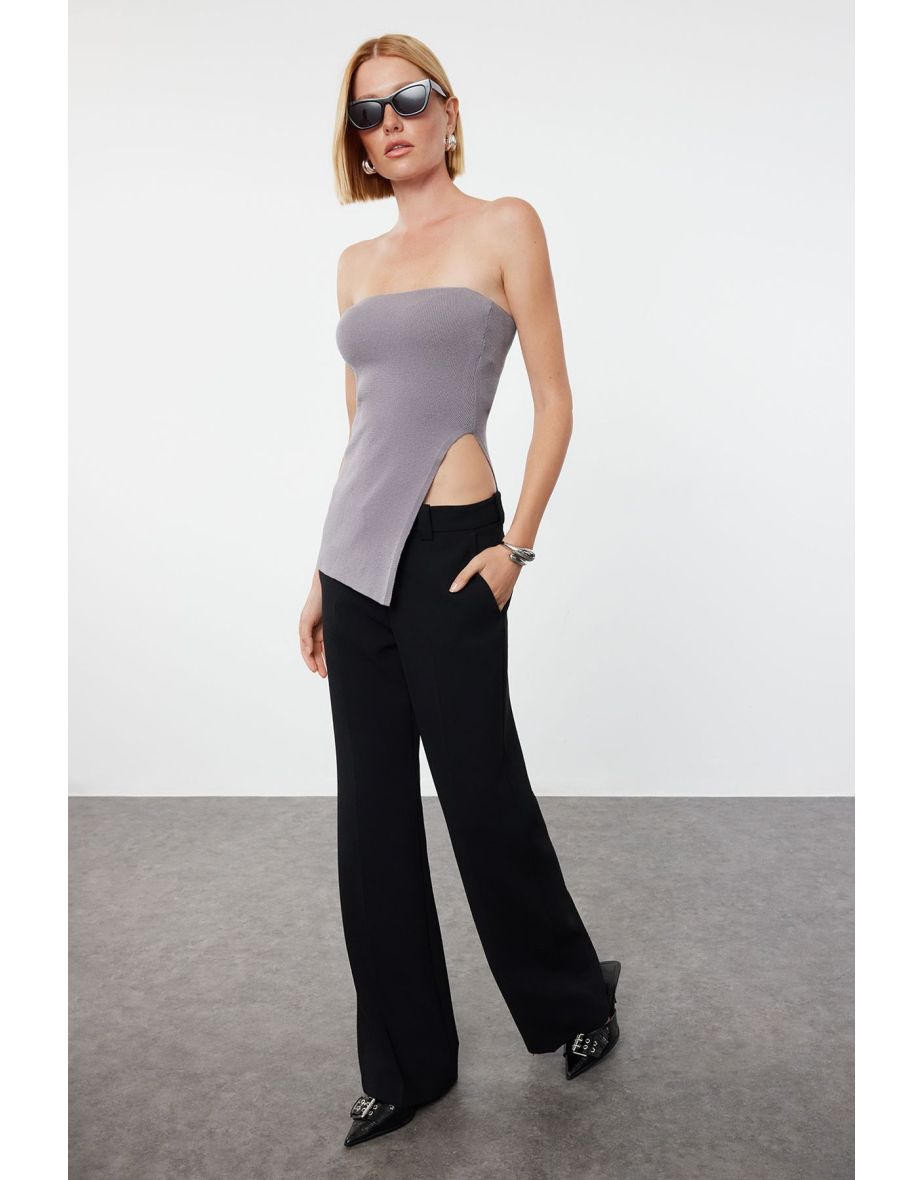 Anthracite Strapless Slit Detailed Premium Yarn / Special Yarn Blouse