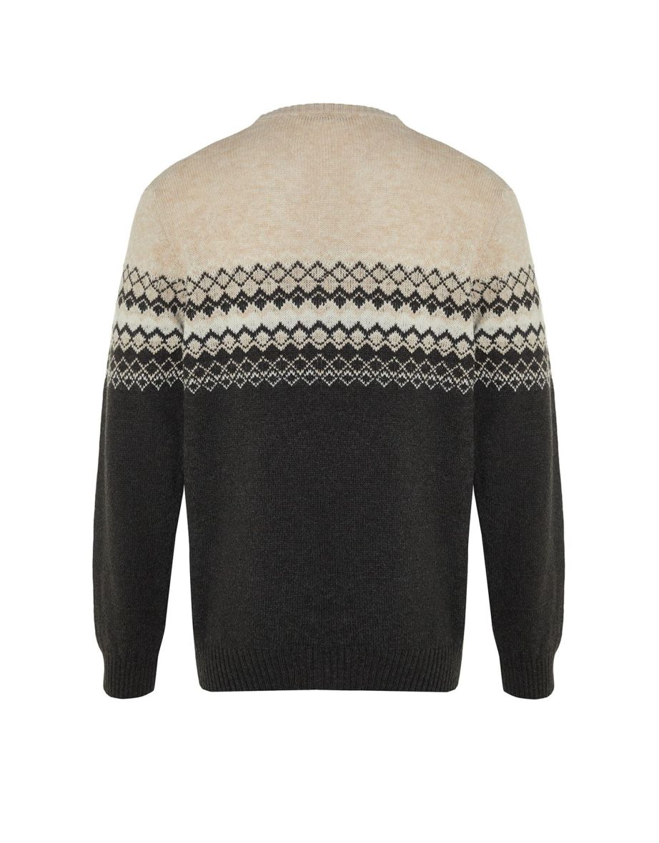 Anthracite Slim Fit Crew Neck Panel Jacquard Knitwear Sweater - 7