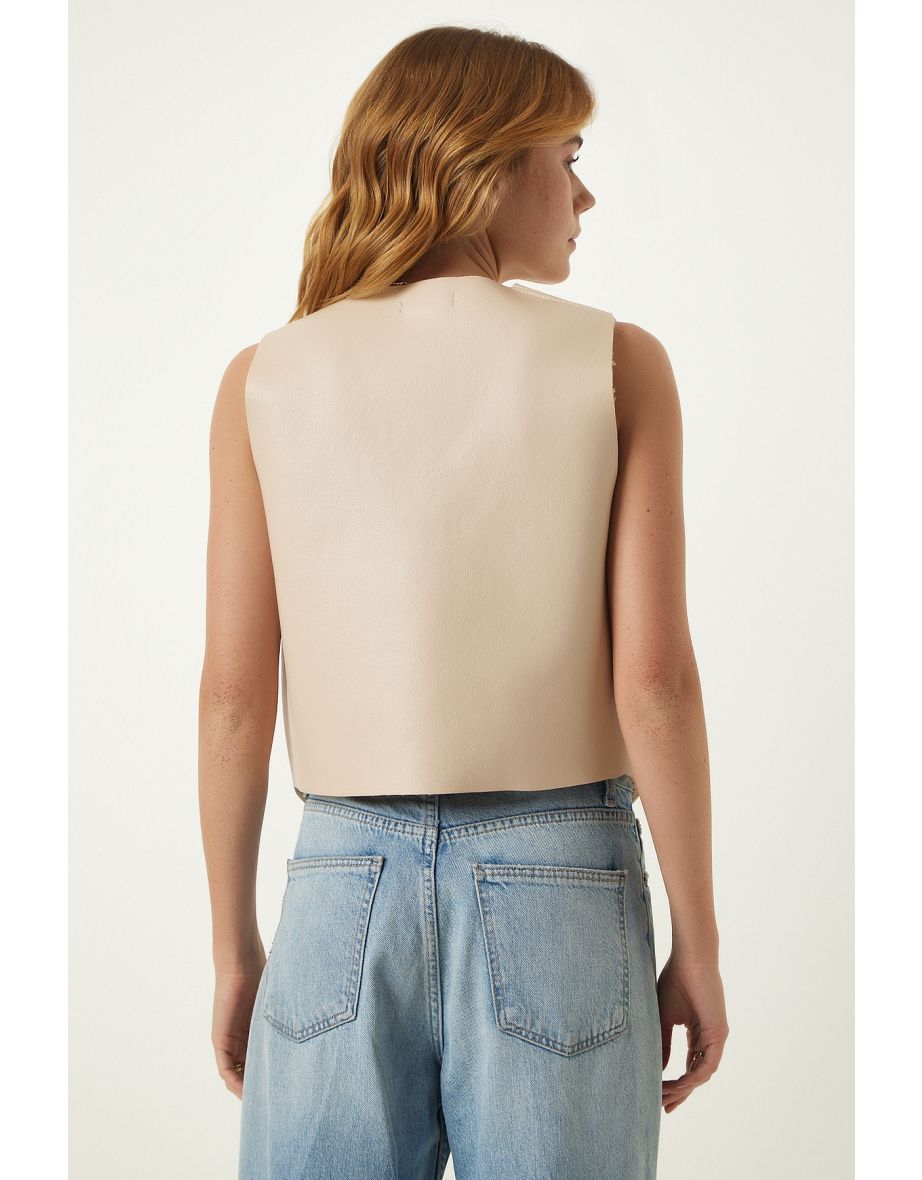 Women's Cream Fleece Faux Leather Vest - 4