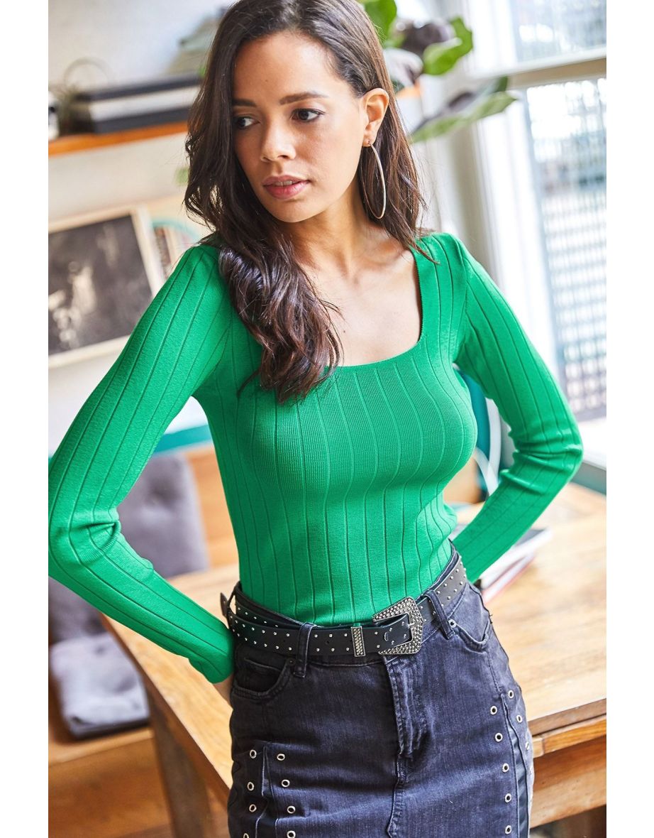 Women's Green Square Neck Thick Ribbed Knitwear Sweater - 4