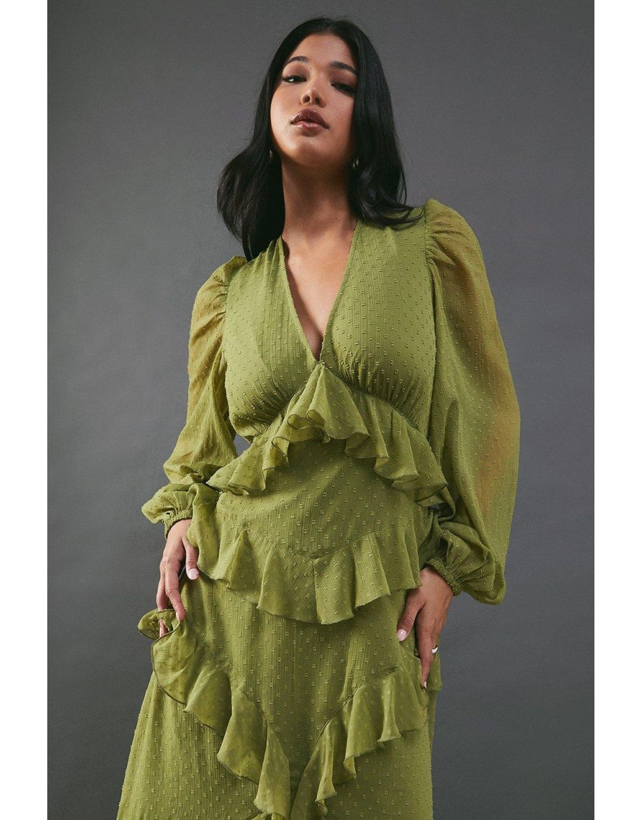 Chiffon Plunge Neck Ruffle Detail Volume Sleeve Maxi Dress - 3