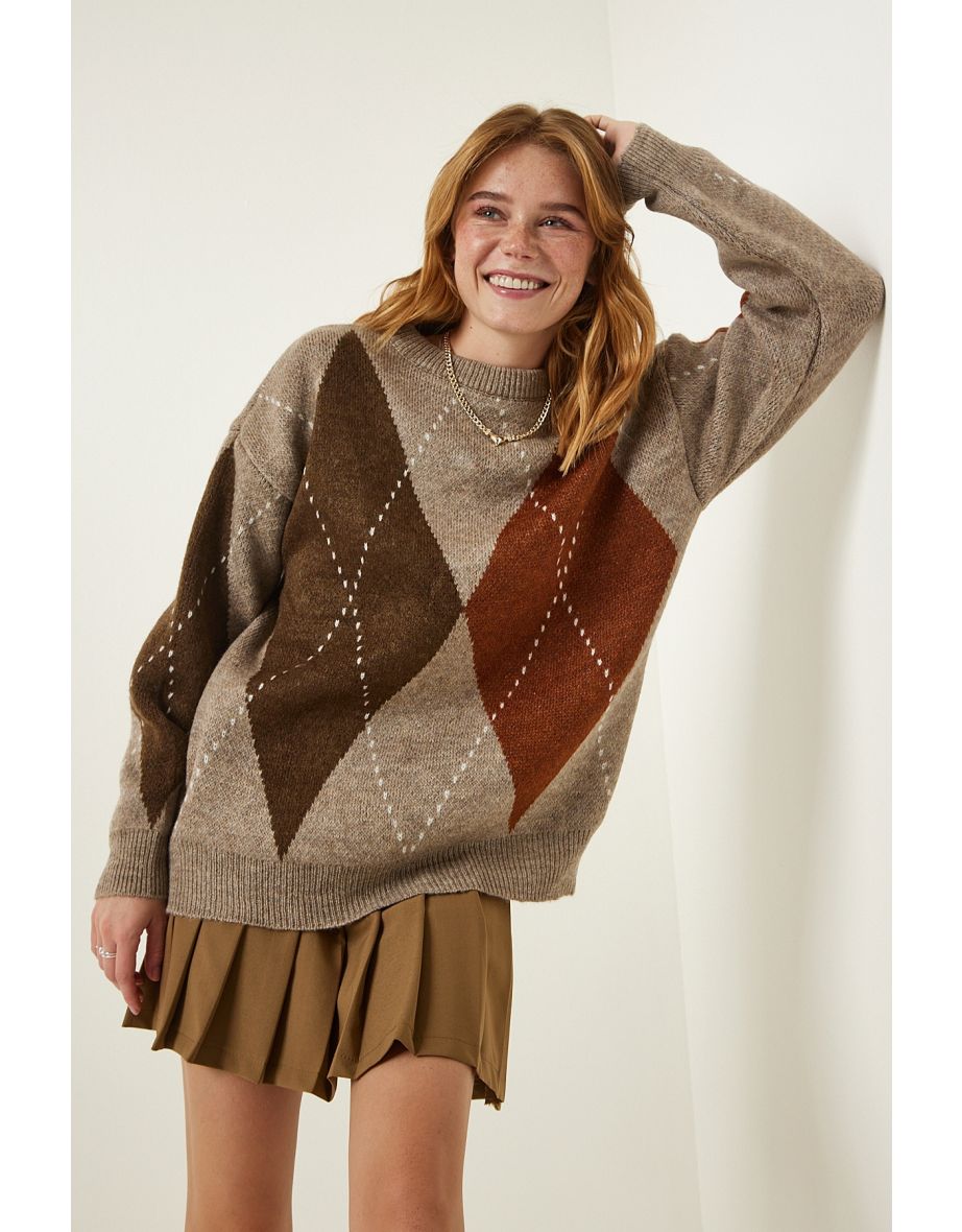 Beige Premium Diamond Pattern Oversize Knitwear Sweater