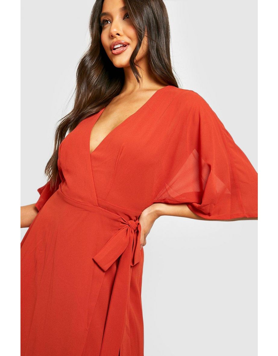Chiffon Bridesmaid Angel Sleeve Wrap Maxi Dress - cinnamon - 3
