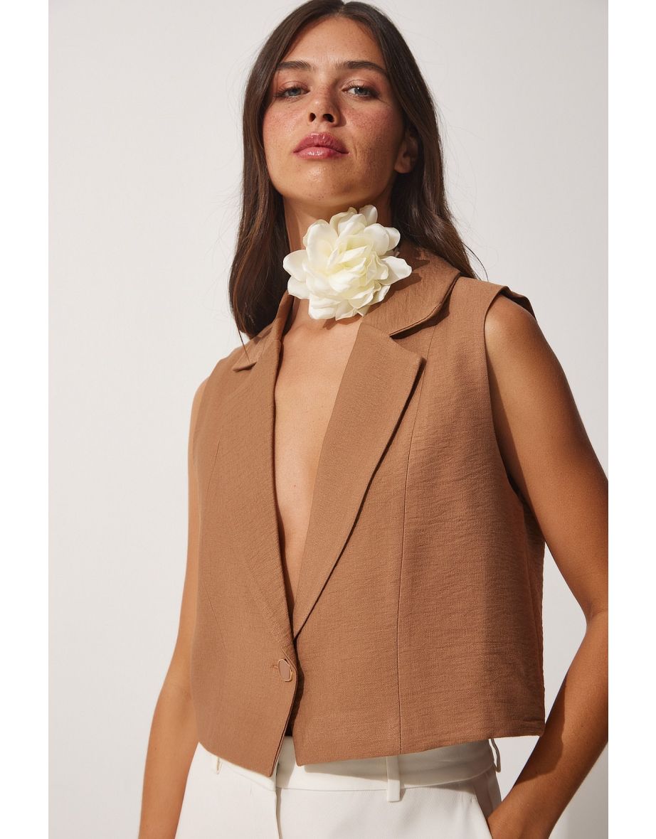 Women's Tan Linen Vest with Buttons