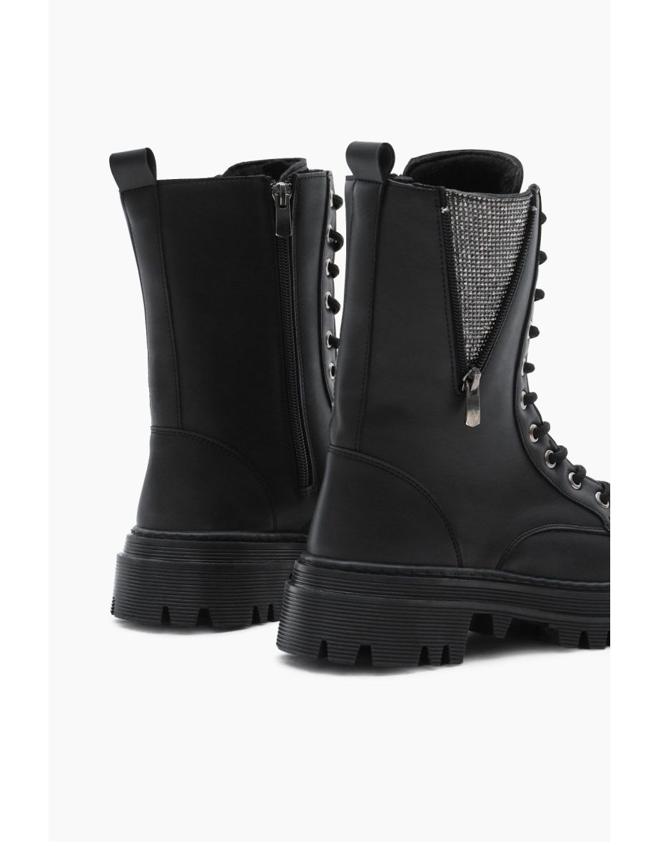 Women's Black Leather Thermo Sole Side Stone Detailed Lace up and Zippered Boots - 4