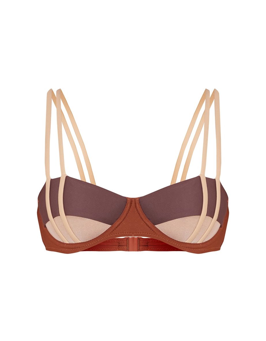 Brown Contrast Underwired Mesh Cut Out Bikini Top - 3