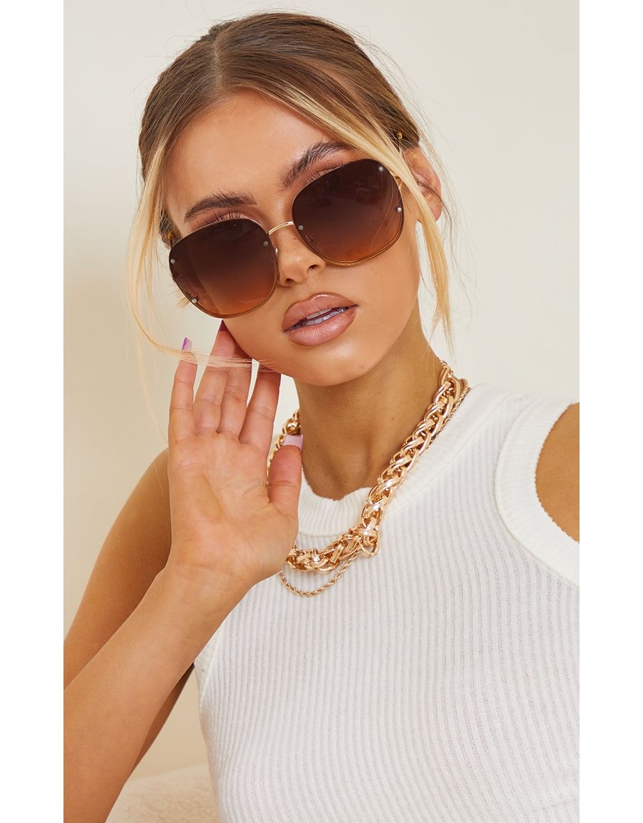 Brown Rimless Oversized Rounded Sunglasses