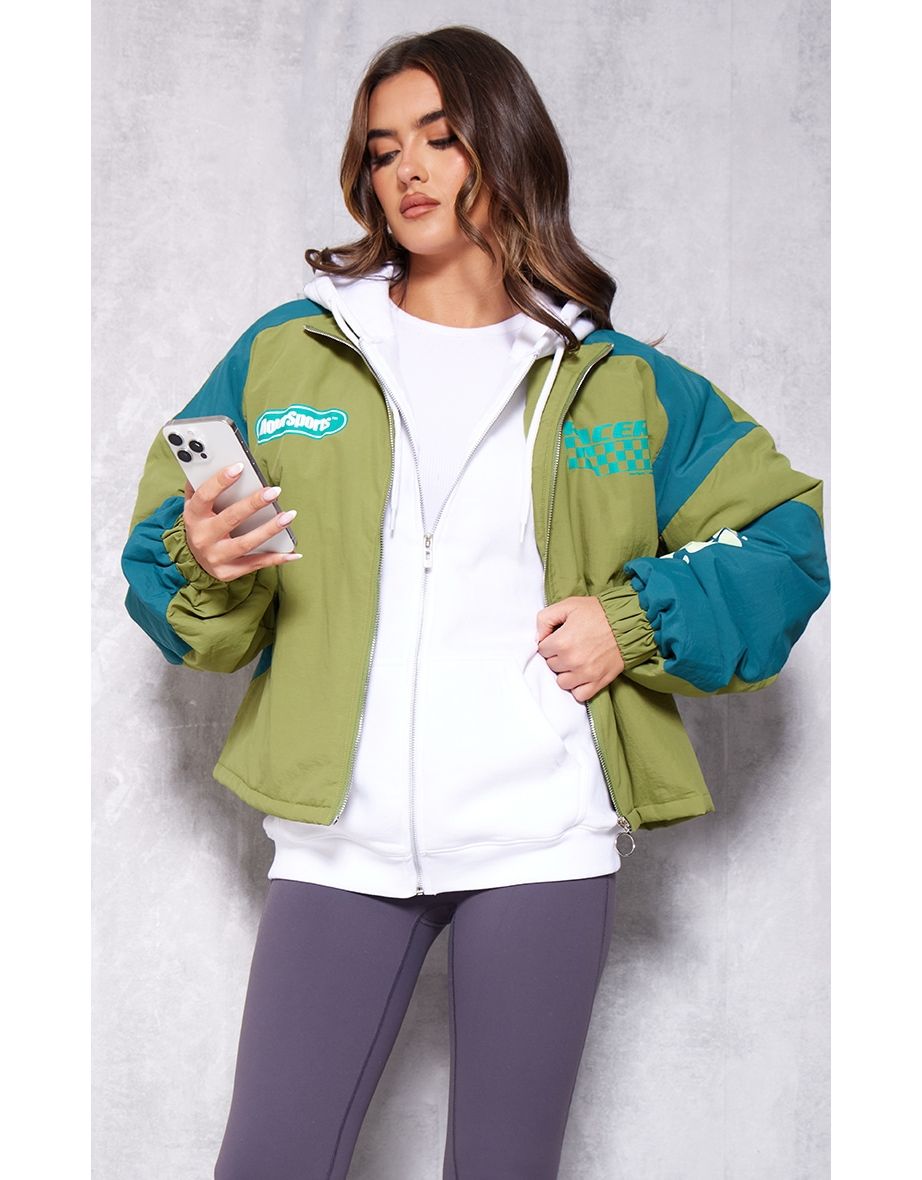 Green Nylon Oversized Racer Graphic Bomber Jacket