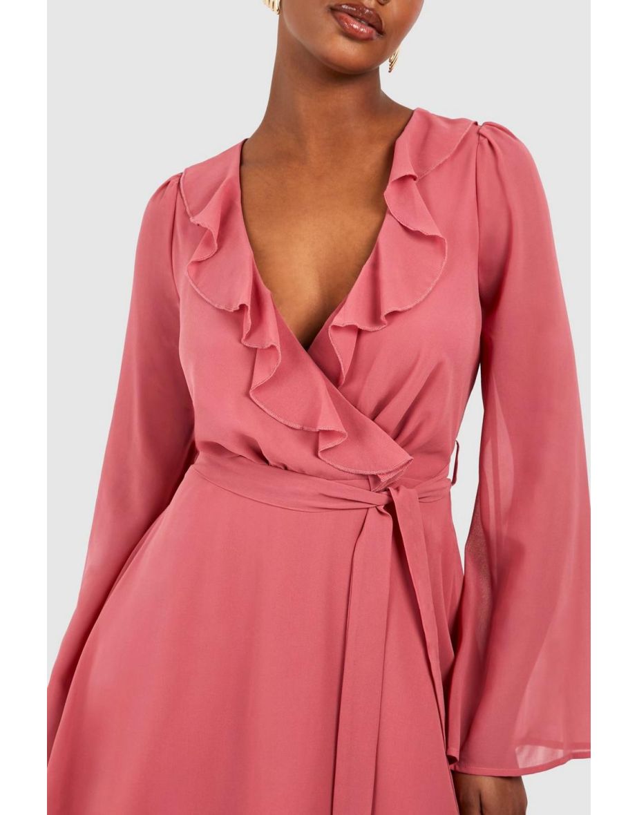 Tall Chiffon Ruffle Wrap Skater Dress - rose - 3