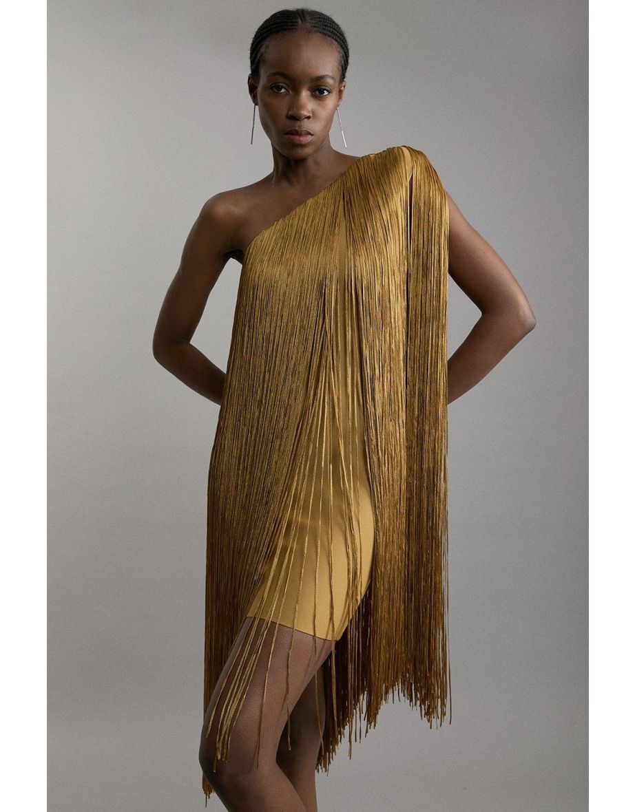 Figure Form Bandage One Shoulder Fringe Mini Knit Dress