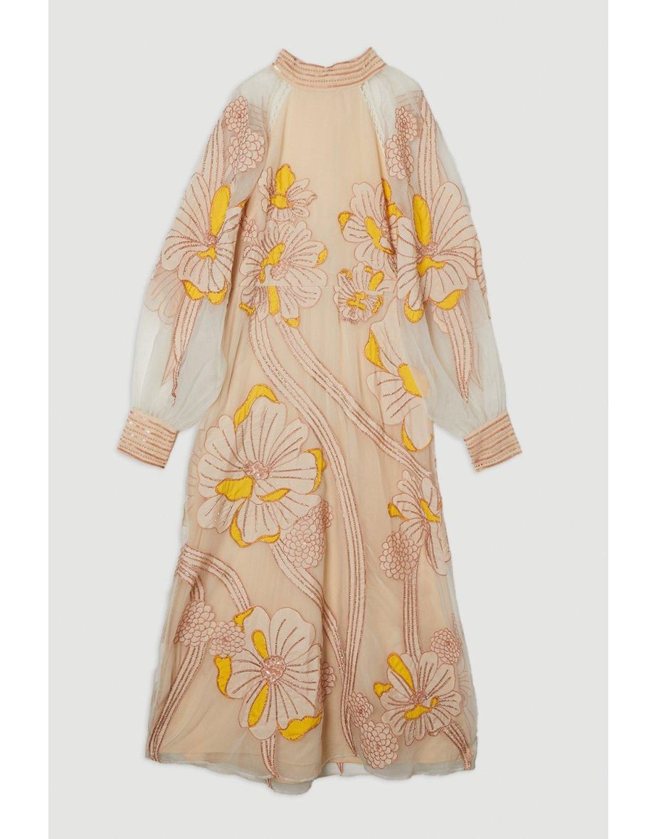 Applique Organdie Floral Graphic Woven Maxi Dress - 3