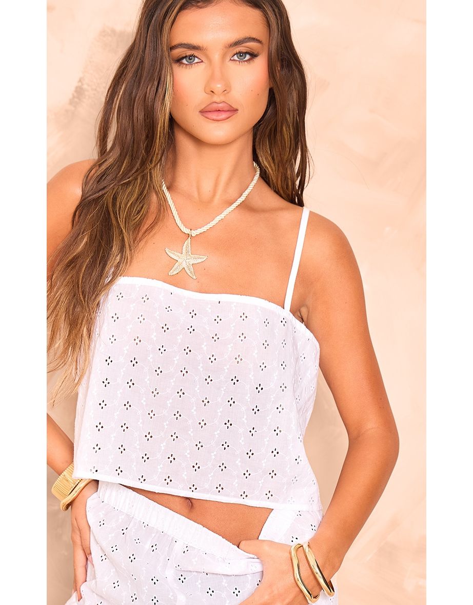 White Broderie Strappy Crop Top - 3