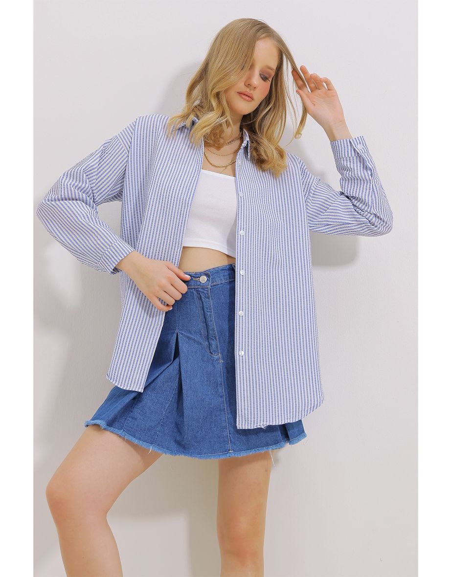 Women's Navy Blue Striped Oversized Shirt - 5