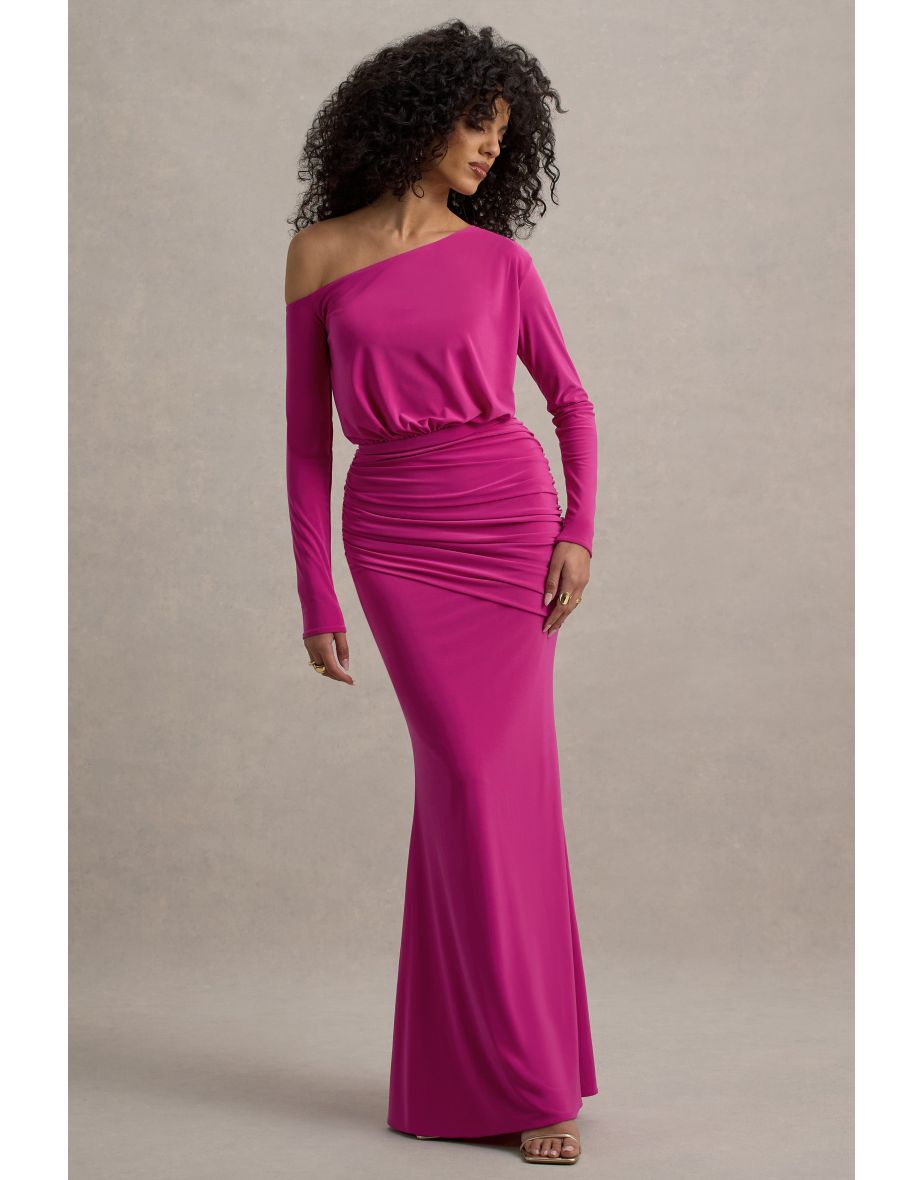 Deanna | Hot Pink Asymmetric Long-Sleeve Ruched Maxi Dress