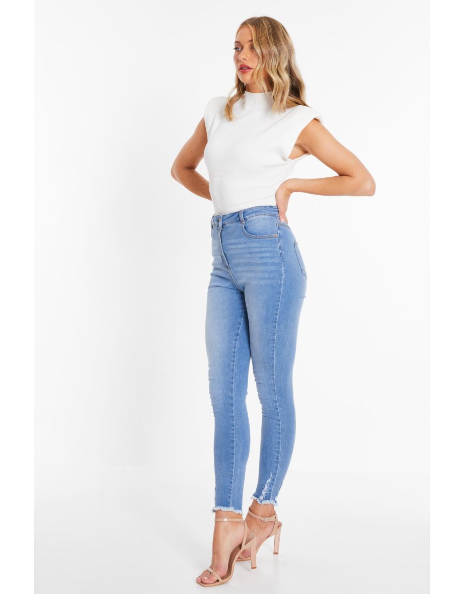 Blue Denim Diamante Ripped Skinny Jeans