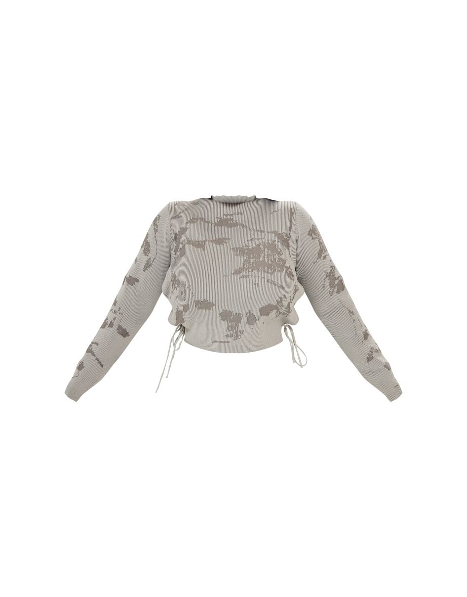 Plus Grey Rib Knit Distressed Detailing Lace Up Long Sleeve Crop Top - 4