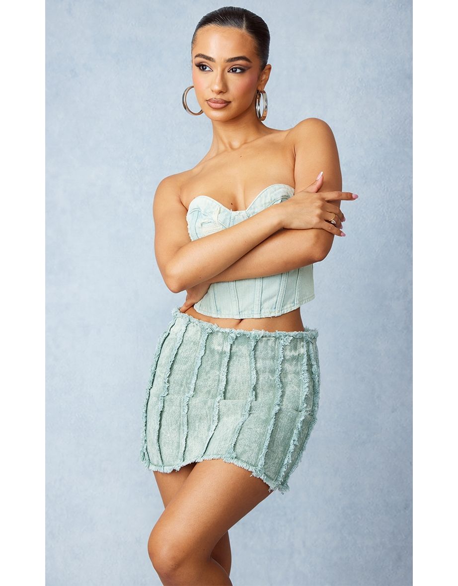 Petite Washed Green Fray Detail Denim Mini Skirt