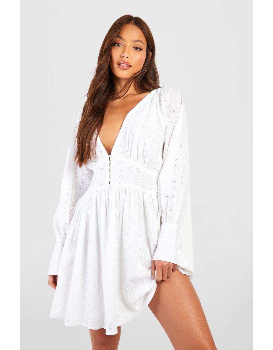 Tall Broderie Puff Sleeve Skater Dress - white