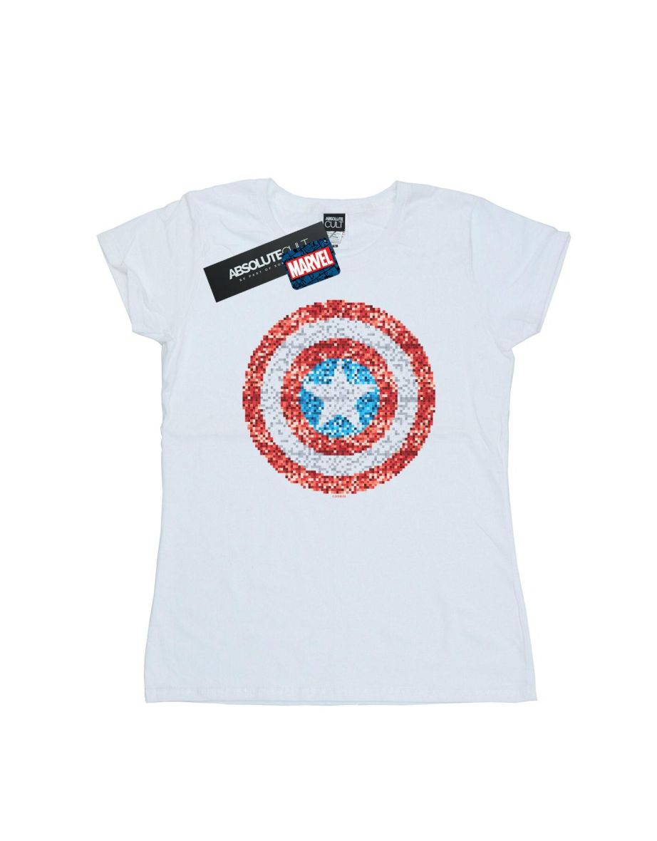 Marvel Womens/Ladies Captain America Pixelated Shield Cotton T-Shirt - White - 1