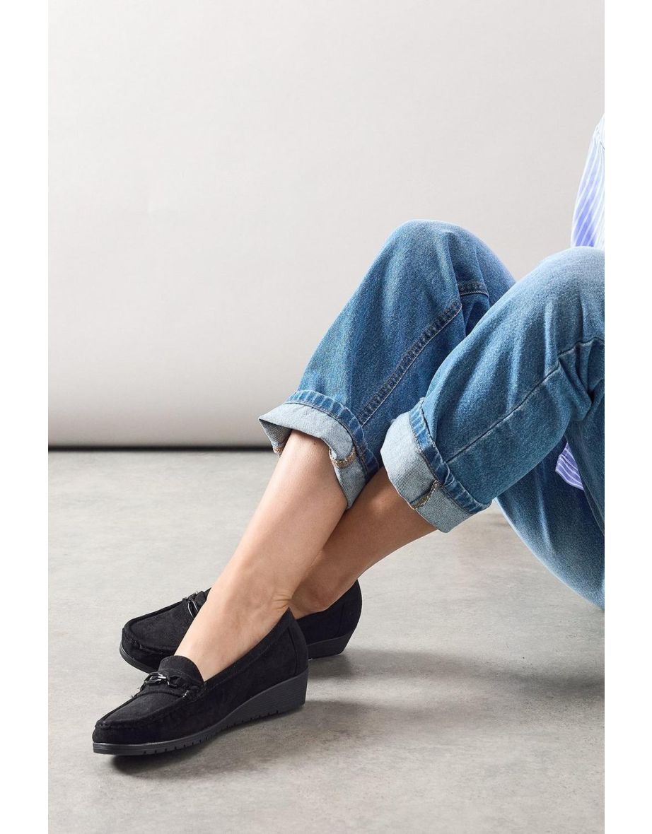 Good For The Sole: Viridiana Faux Suede Trim Detail Comfort Wedge Moccasin Loafers