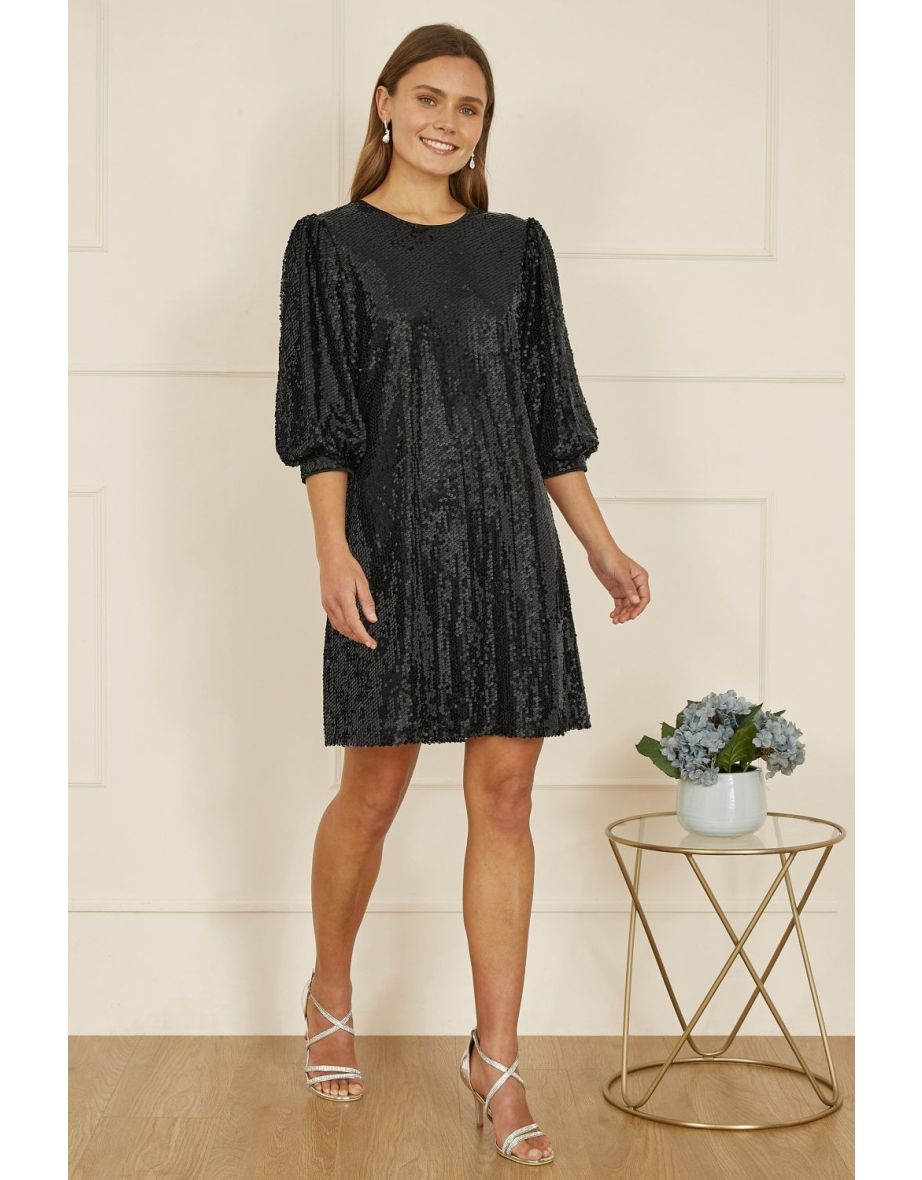 Yumi Black Sequin Tunic Dress With Balloon Sleeves