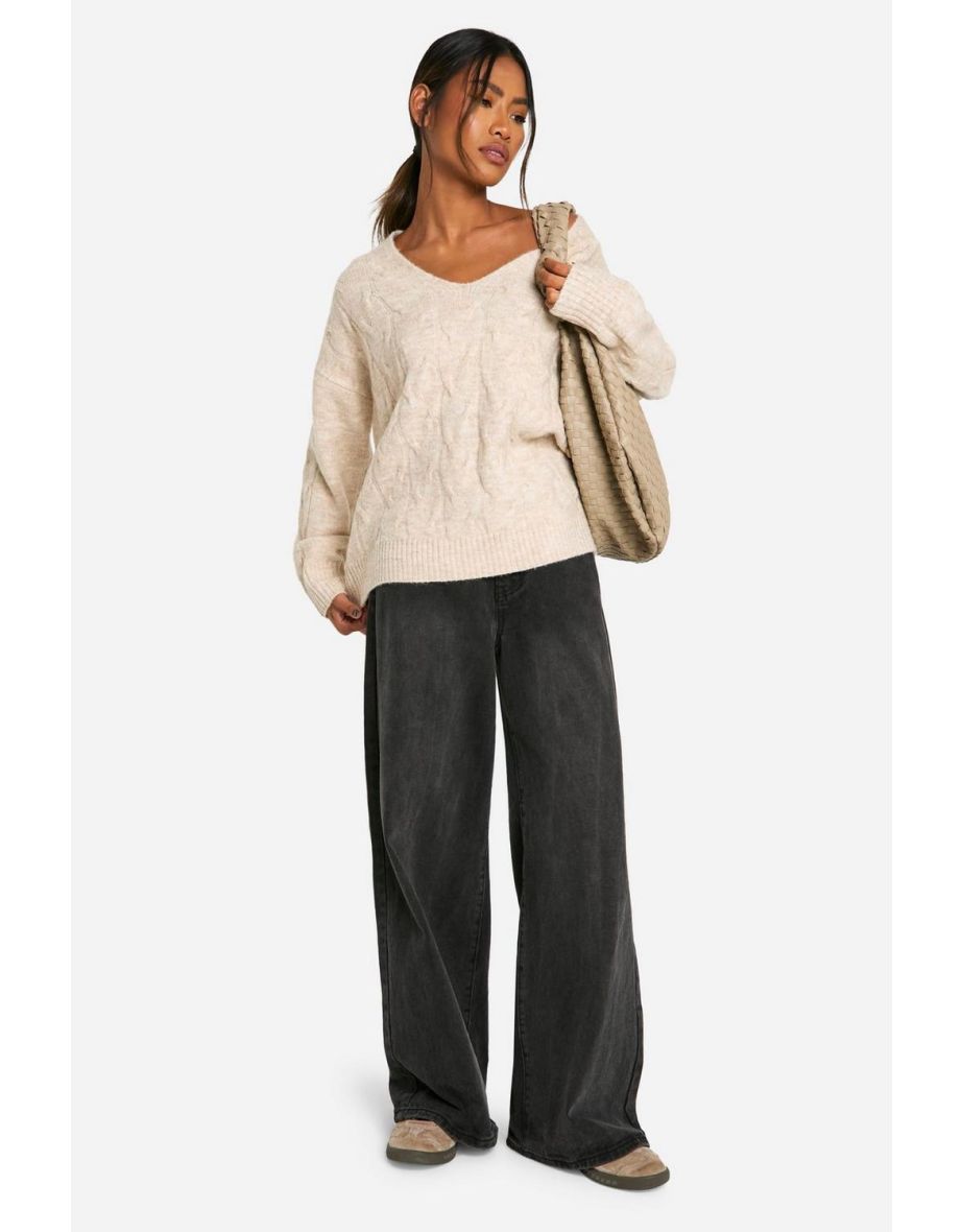 V Neck Soft Knit Cable Jumper - ecru marl