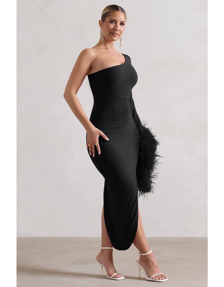 July | Black Asymmetric Cape Sleeve Midaxi Dress With Feathers - 4