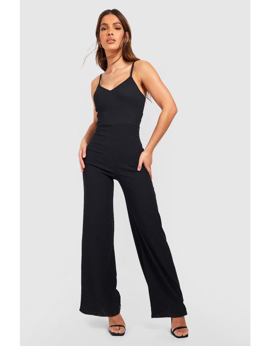 Textured Strappy Trapeze Jumpsuit - black