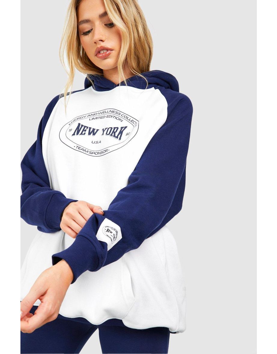 New York Slogan Colour Block Oversized Hoodie - navy - 3