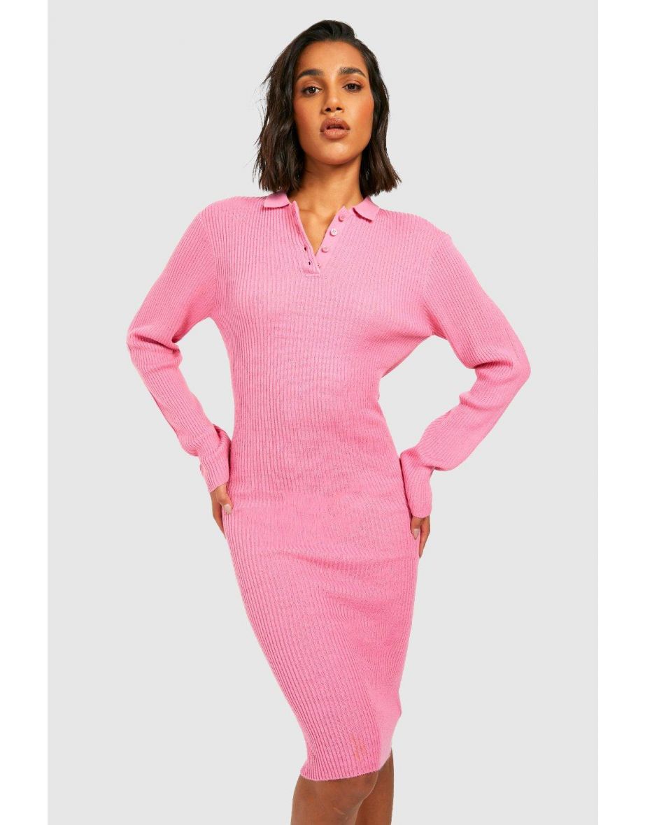 Shop Polo Collar Rib Knit Midi Dress pink Online in Bahrain VogaCloset