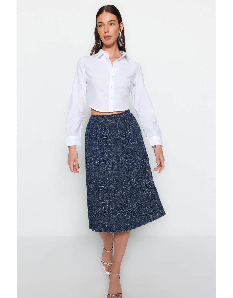 Navy Blue Sparkly Thread Pleated Knitwear Skirt