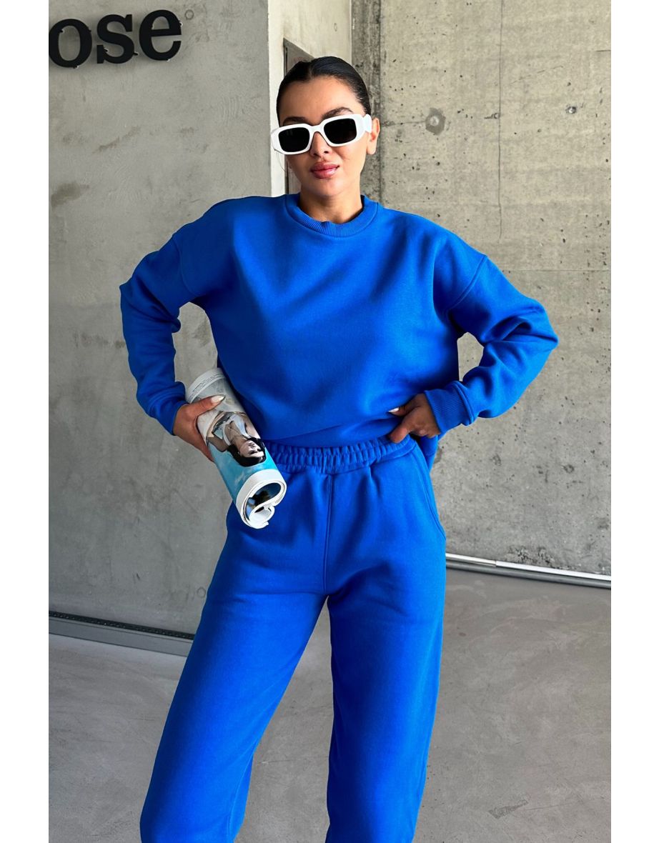 Sax Blue Crew Neck Plain Oversize Bottom-Top Tracksuit Set - 6