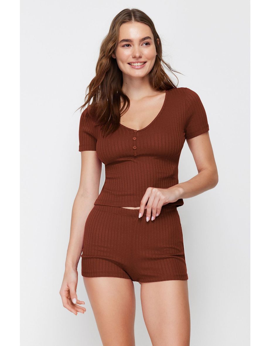 Brown Button Detail Ribbed Knitted Pajama Set