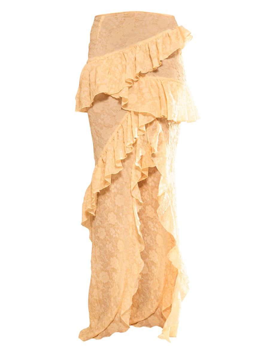 Lemon Textured Sheer Chiffon Ruffle Maxi Skirt - 4