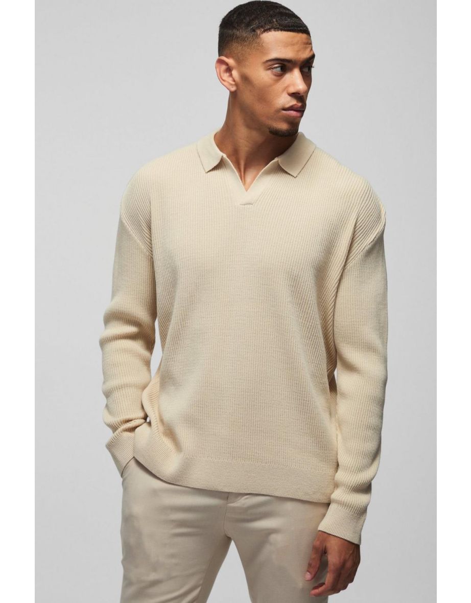 Oversized Ribbed Revere Neck Knitted Polo Sweater - stone