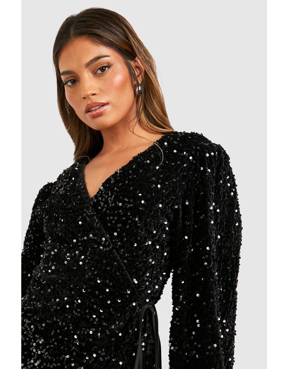Velvet Sequin Ballon Sleeve Wrap Top - black - 3