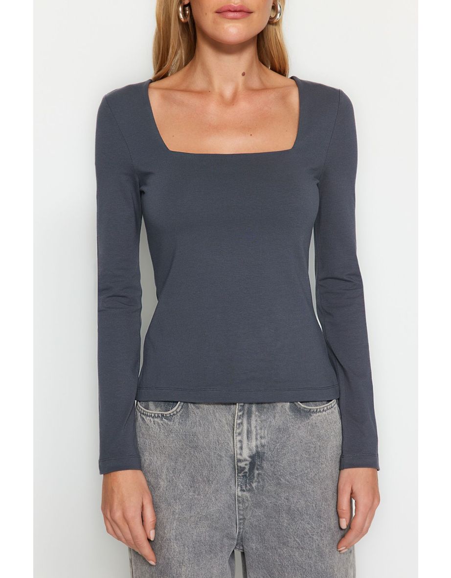 Anthracite Cotton Square Collar Regular Fit Knitted top - 7