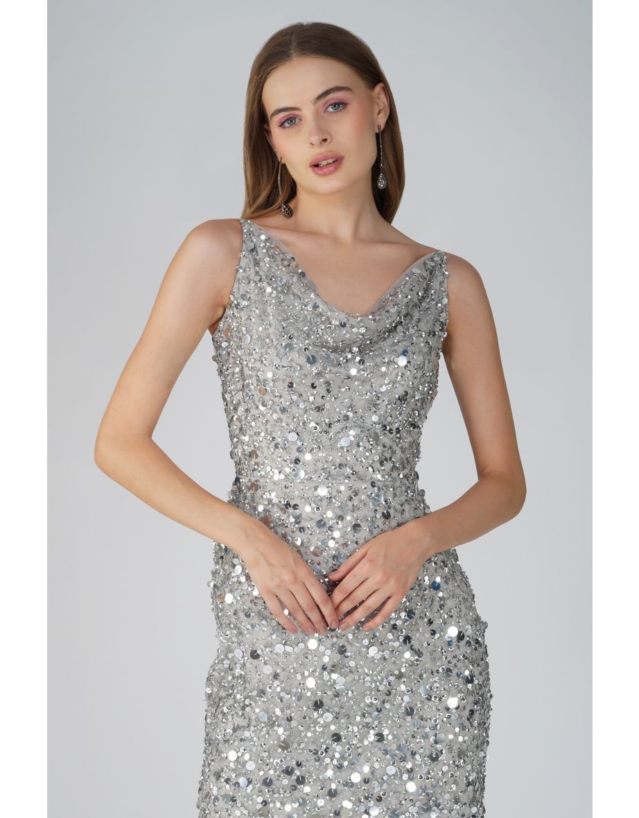 Marita Embellished Midi Dress in Silver - 4