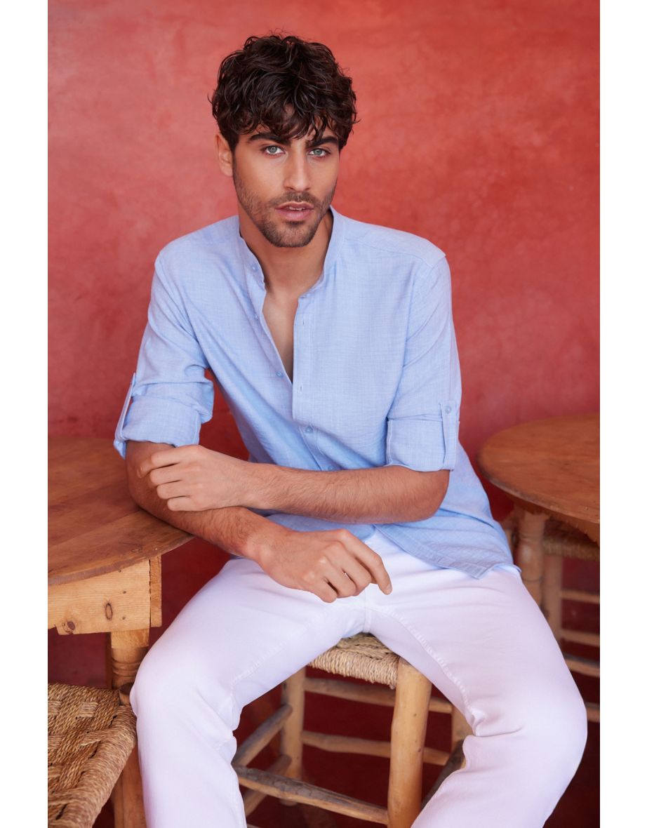 Men's Blue Slim Fit Large Collar Casual Shirt - 9