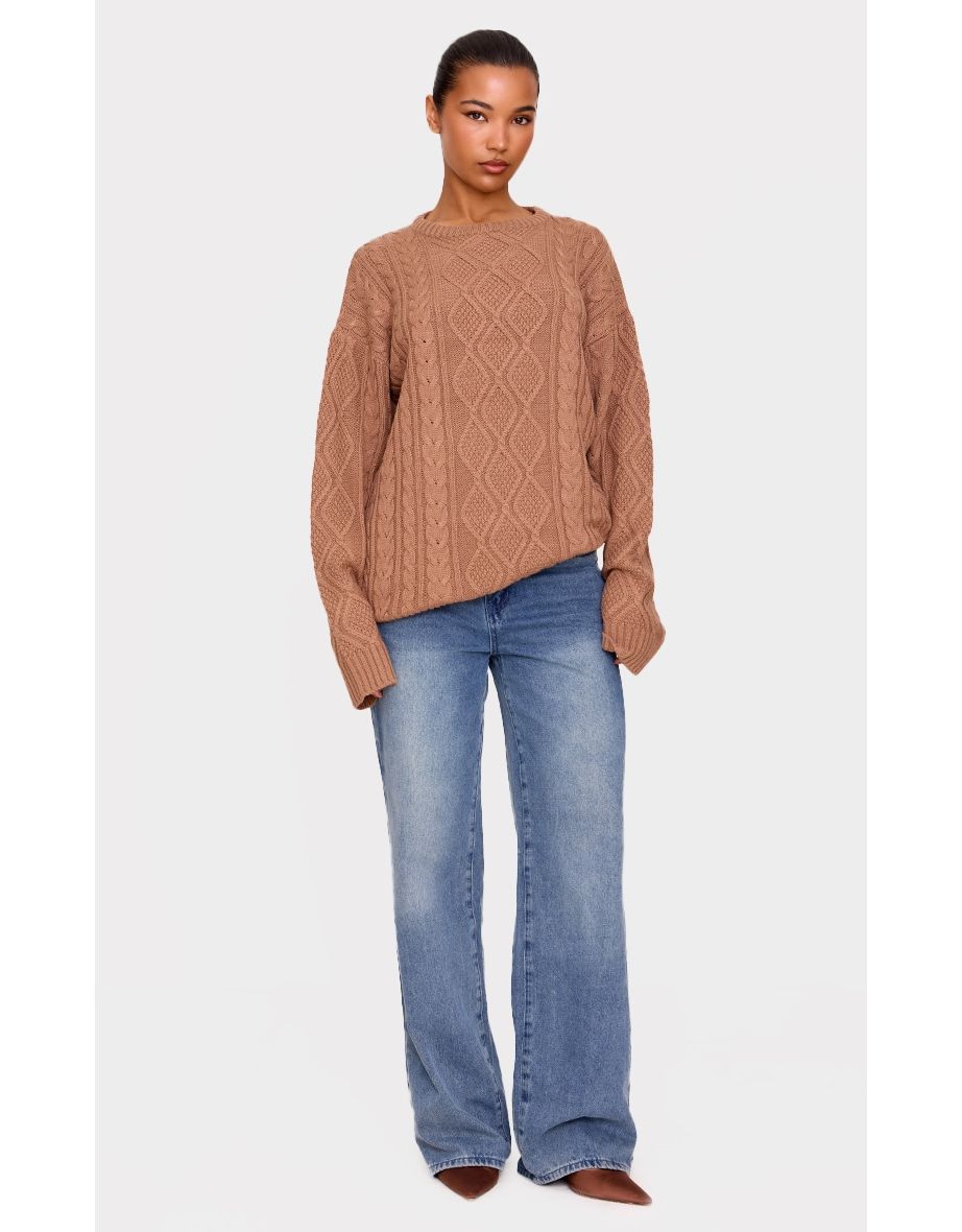 Taupe Textured Cable Knit Oversized Jumper
