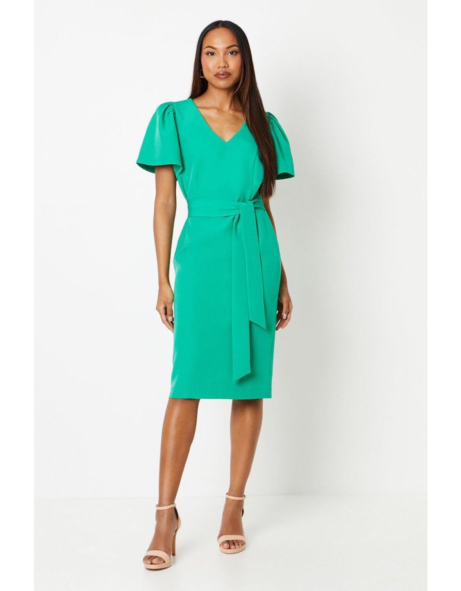 Belted Flute Sleeve Midi Dress