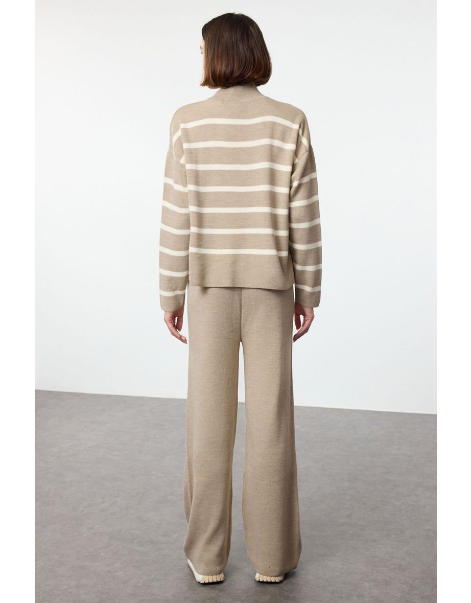 Beige Striped Knitted Trousers Top-Bottom Set - 4