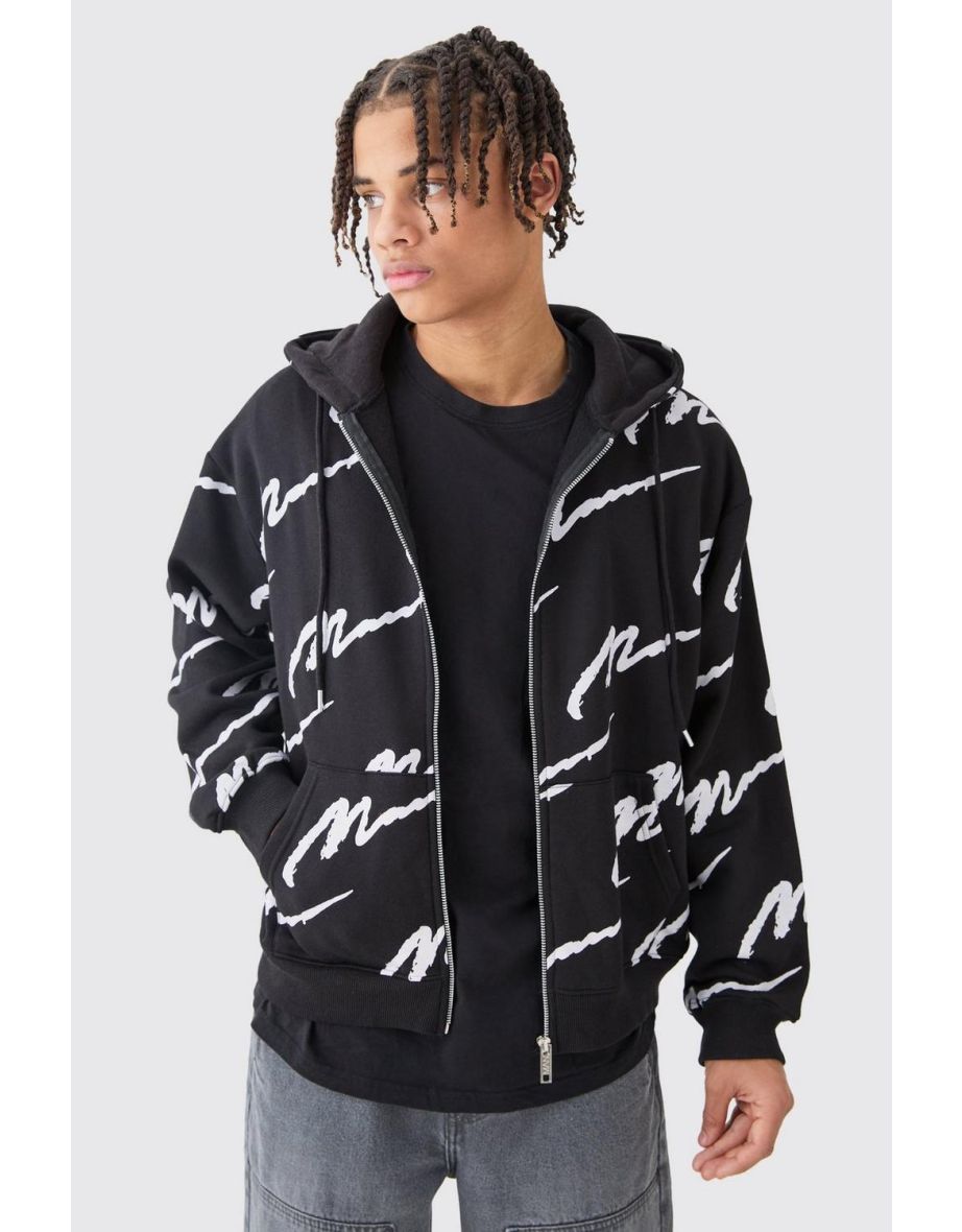 Man Signature All Over Print Boxy Zip Through Hoodie - black
